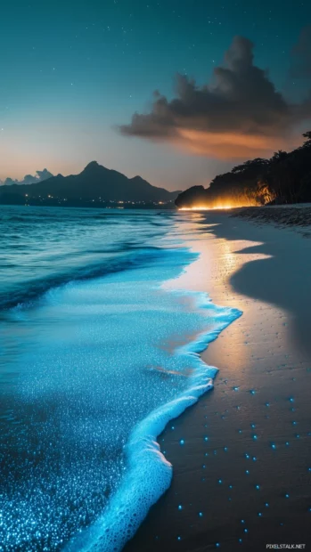 A glowing bioluminescent beach at night, with waves sparkling in shades of electric blue under a starlit sky .