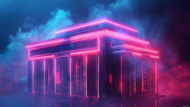 A glowing cybernetic temple surrounded by mist, an aesthetic choice in cyberpunk desktop wallpapers and sets.