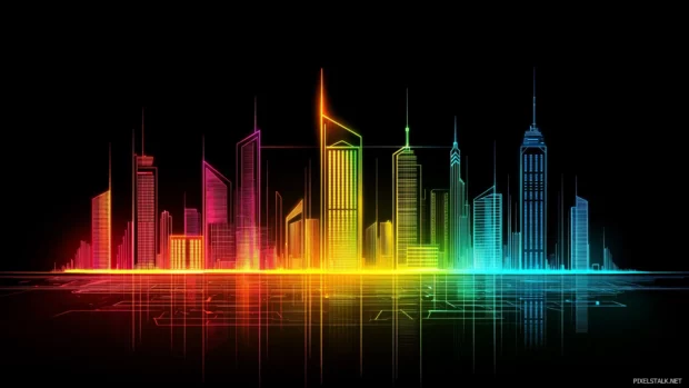 A glowing neon cityscape with vibrant skyscrapers and futuristic streets, Vector illustration, D art .