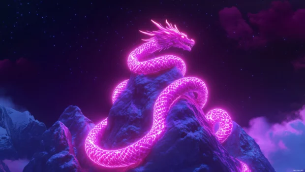 A glowing neon dragon coiled around a mountain peak, illuminating the sky, Vector illustration.
