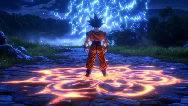 A glowing pattern on the ground mirrors Gokus balanced stance as energy pulses upward.