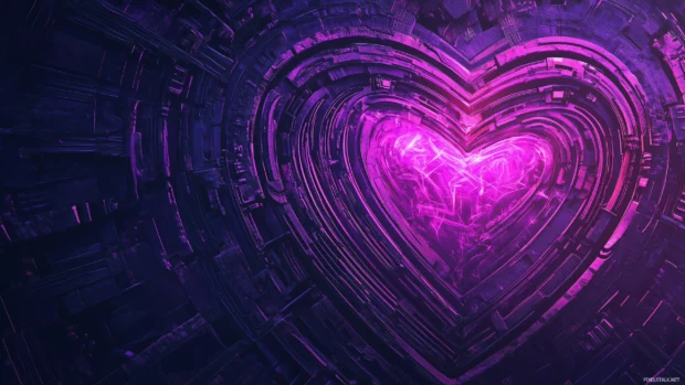 A glowing purple neon heart with intricate geometric patterns inside, softly blending with a dark background.