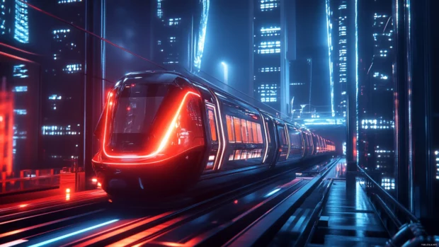 A glowing train arriving at a hyper futuristic platform surrounded by AI powered lights.