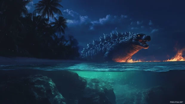 A glowing underwater view of Godzilla approaching the shoreline.