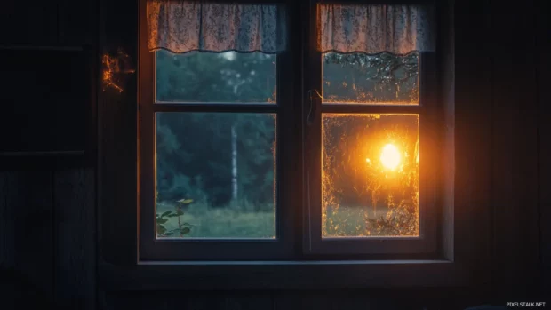 A glowing window in a countryside cabin, dusk light outside.