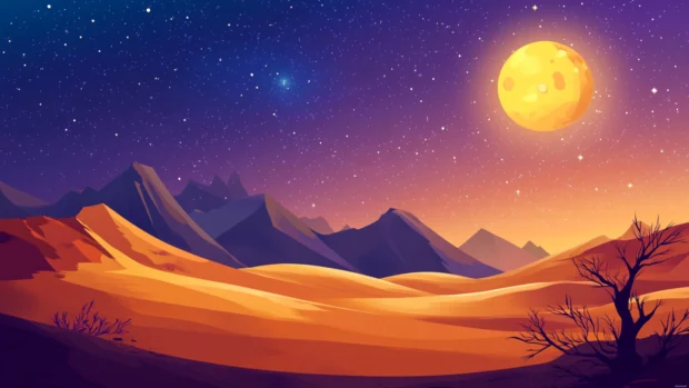 A golden desert dune landscape under the stars.