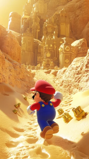 A golden desert level surrounds Super Mario as he avoids quicksand traps and spikes.