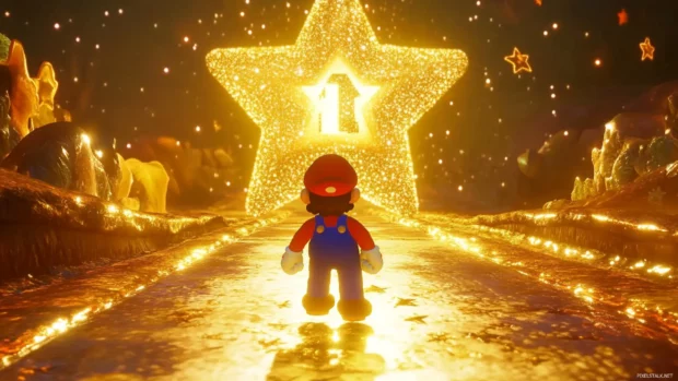 A golden path of stars leads Mario into a portal shaped like a giant Super Star.