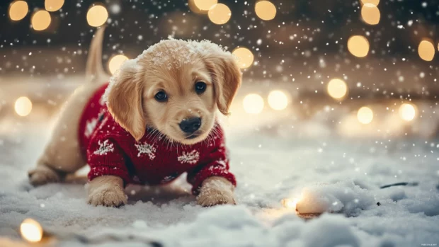 A golden puppy in a red sweater playing in the snow under soft Christmas lights.
