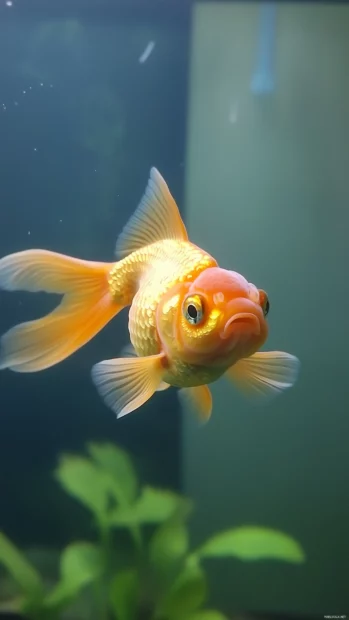 A goldfish gliding through the water, its scales sparkling like gold under soft sunlight, a calm and tranquil pond background, a sense of serenity.