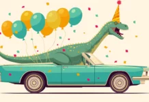 A goofy dinosaur wearing a party hat, trying to fit into a tiny car for a birthday celebration, with balloons flying everywhere.