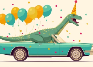 A goofy dinosaur wearing a party hat, trying to fit into a tiny car for a birthday celebration, with balloons flying everywhere.