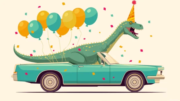 A goofy dinosaur wearing a party hat, trying to fit into a tiny car for a birthday celebration, with balloons flying everywhere.