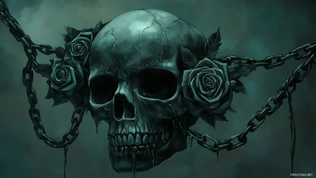 A gothic black skull with metal textures, decorated with chains and dark roses, set against a smoky, shadowed background.