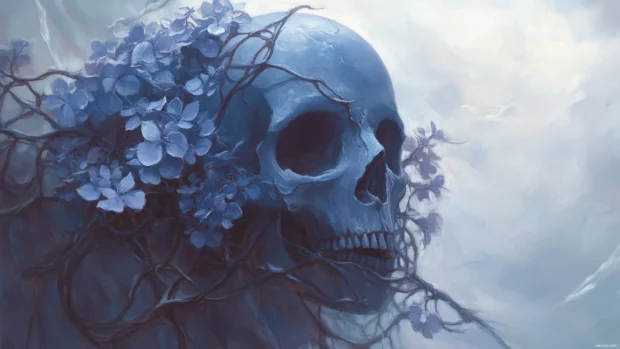 A gothic blue skull with icy vines and frost covered flowers wrapped around it, casting a cool, ethereal glow.