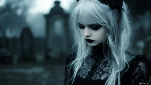 A gothic girl with silver hair and black lace dress standing in a misty graveyard, eerie yet elegant.
