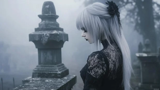 A gothic girl with silver hair and black lace dress standing in a misty graveyard, eerie yet elegant.