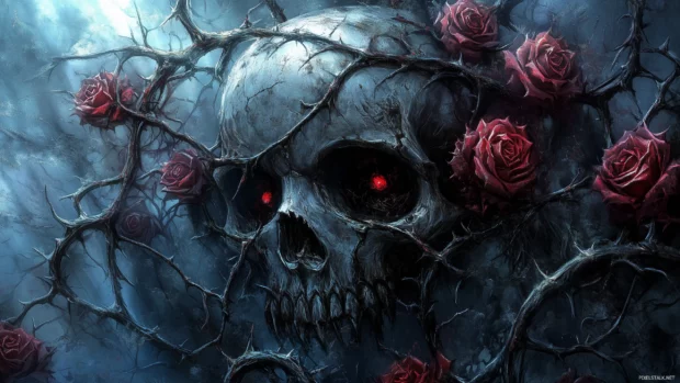 A gothic skull with dark eye sockets, surrounded by crimson roses and thorny vines, giving an intense and dramatic aesthetic.