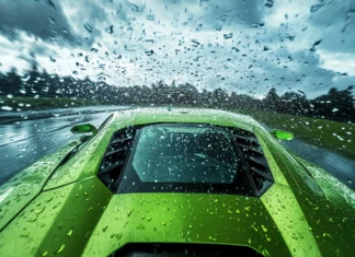 A green Lamborghini powers through raindrops that streak across the windshield with dramatic sky.