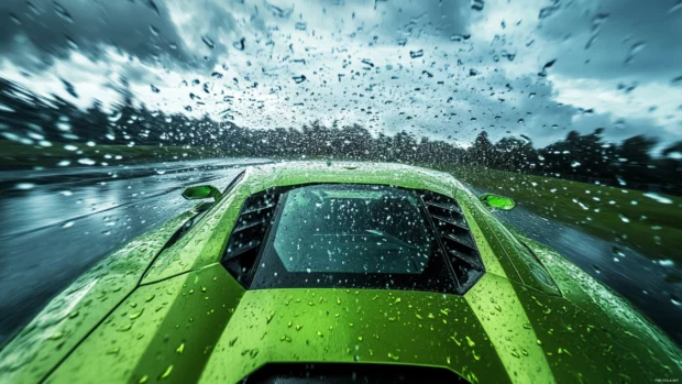 A green Lamborghini powers through raindrops that streak across the windshield with dramatic sky.