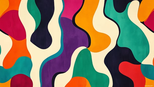 A groovy 70s wallpaper with a repeating pattern of abstract shapes, vibrant colors, and retro textures, evoking a nostalgic, laid back vibe, Retro style.