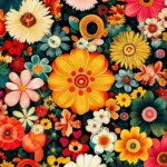 A groovy vintage wallpaper, featuring a kaleidoscope of flowers and peace signs, designed for an iPhone.