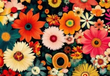 A groovy vintage wallpaper, featuring a kaleidoscope of flowers and peace signs, designed for an iPhone.