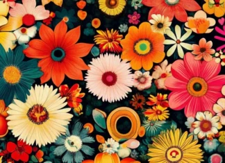 A groovy vintage wallpaper, featuring a kaleidoscope of flowers and peace signs, designed for an iPhone.