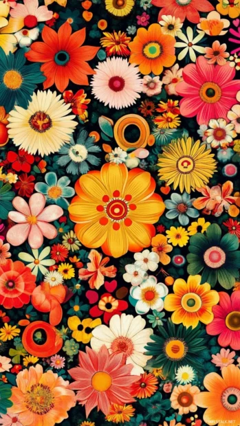 A groovy vintage wallpaper, featuring a kaleidoscope of flowers and peace signs, designed for an iPhone.