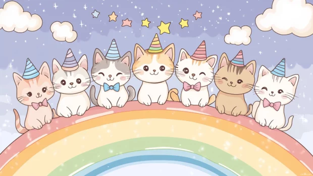 A group of adorable cats wearing tiny hats and bowties, sitting together on a rainbow, with clouds and stars above them.