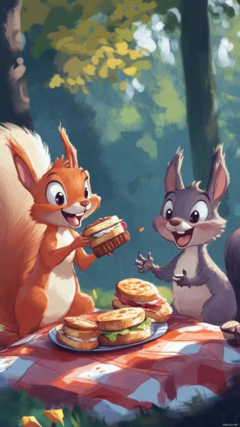 A group of animals having a picnic, with a squirrel stealing sandwiches while the others look on in shock and laughter.