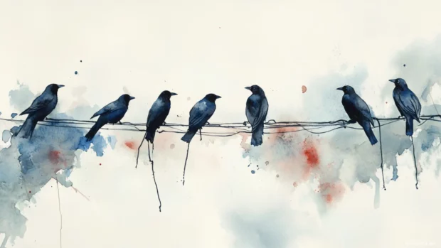 A group of blackbirds resting along telephone wires painted in sweeping watercolor lines.