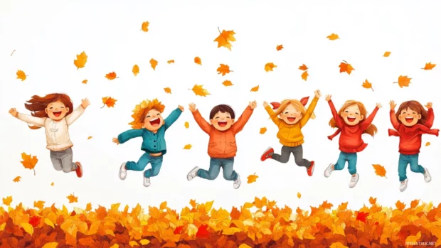 A group of children jumping into a pile of leaves, joyful autumn scene.