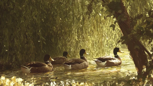 A group of ducks rests under the shade of willows in early summer.