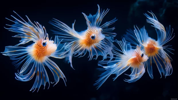 A group of exotic lionfish with their long, spiky fins fanned out, floating gracefully in the deep ocean.