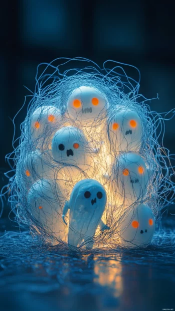 A group of puzzled ghosts gets tangled in a ball of glowing string.
