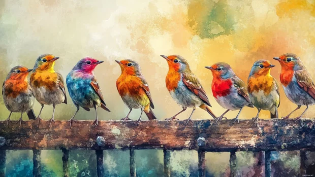 A group of robins painted in vibrant watercolor tones sitting on a fence.
