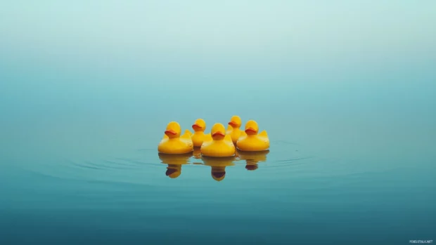 A group of rubber ducks floats in perfect alignment on a calm water surface.