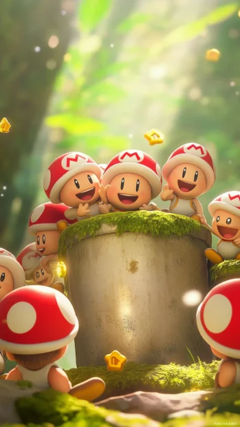 A group of smiling Toads gathered around a warp pipe, a friendly Super Mario moment.