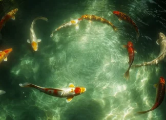 A group of vibrant koi fish swimming in a circle, creating a mesmerizing pattern in clear water with subtle reflections of the sky.