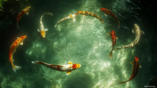 A group of vibrant koi fish swimming in a circle, creating a mesmerizing pattern in clear water with subtle reflections of the sky.