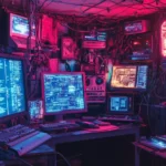 A hackers hideout filled with glowing monitors, wires, and cybernetic equipment in a dim neon lit room.