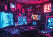 A hackers hideout filled with glowing monitors, wires, and cybernetic equipment in a dim neon lit room.