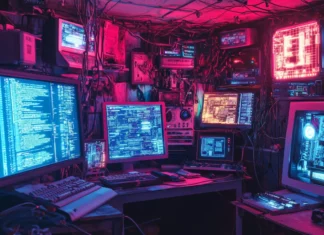 A hackers hideout filled with glowing monitors, wires, and cybernetic equipment in a dim neon lit room.