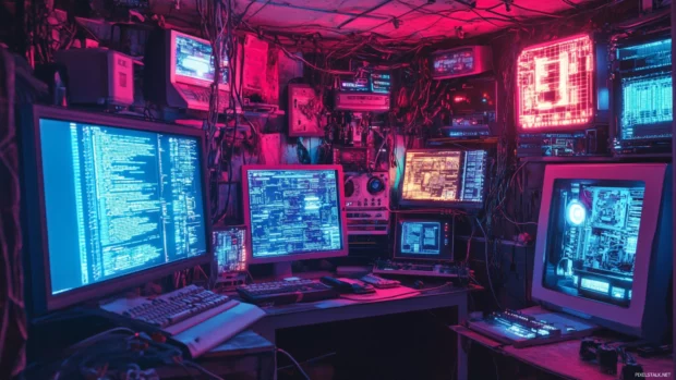 A hackers hideout filled with glowing monitors, wires, and cybernetic equipment in a dim neon lit room.