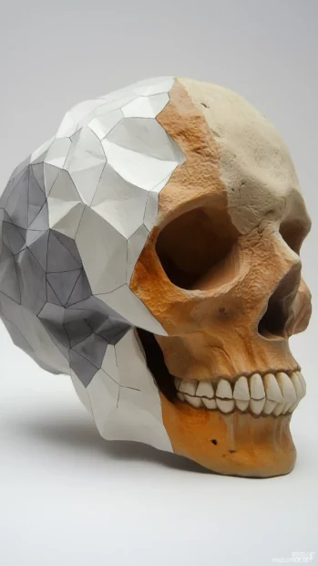 A half realistic, half geometric skull with one side detailed and the other side in polygonal shapes, creating a modern, abstract aesthetic.