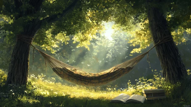 A hammock swaying between two trees, with a good book waiting, a dreamy summer scene.