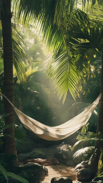 A hammock tied between palm trees sways softly with Summer Vibes.