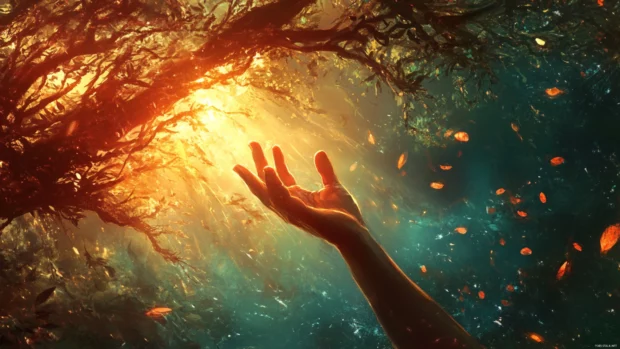 A hand reaches out to catch sunlight filtered through swaying tree branches.