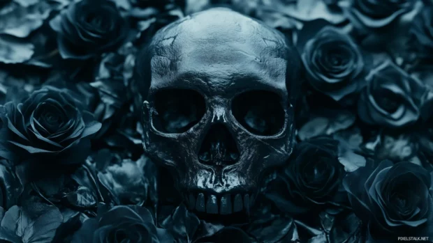 A haunting black skull with swirling shadows, surrounded by delicate black roses, creating a gothic, romantic effect.